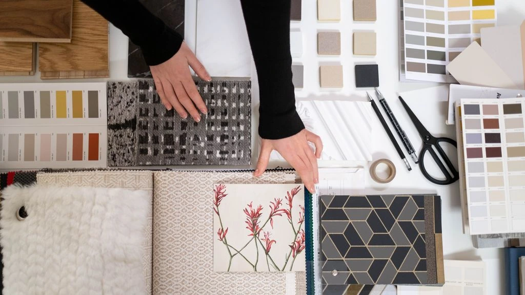 Home office mood board with layout, desk lamp and storage references